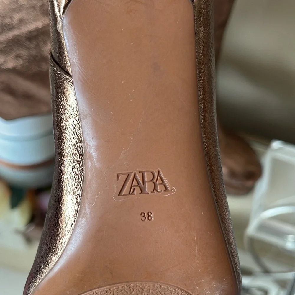 Zara Woman Metallic Kitten Heel Knee Boots Gold Bronze - Picture 11 of 15